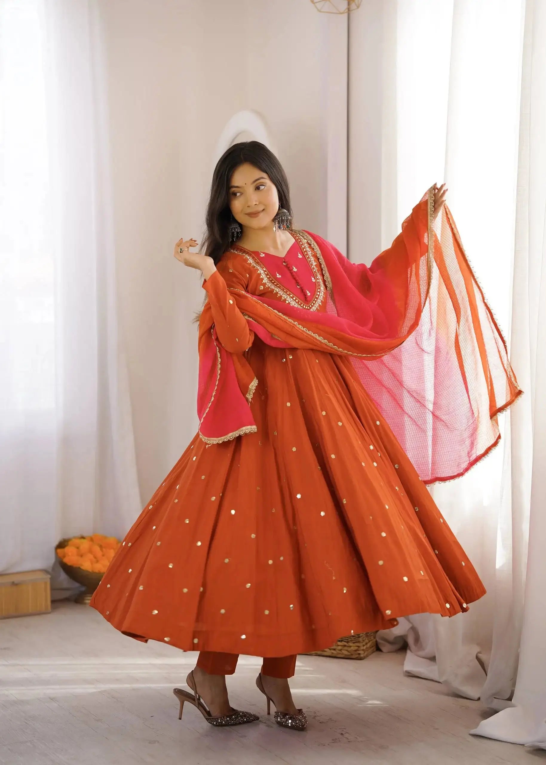 Orange Anarkali Suit with Dupatta Draped – KU247