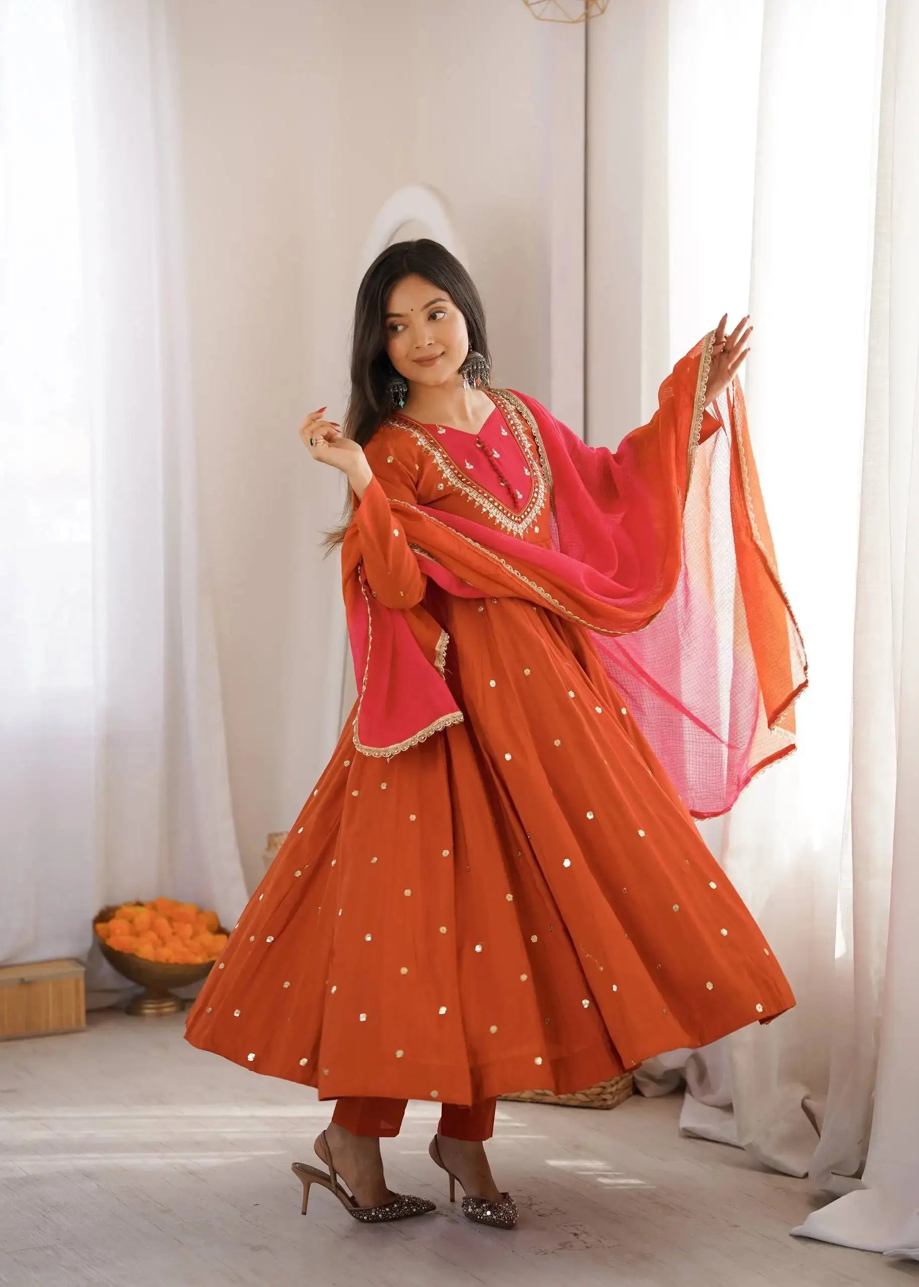 Orange Anarkali Suit Three-Quarter View with Dupatta – KU247