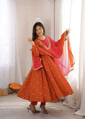 Orange Anarkali Suit Three-Quarter View with Dupatta – KU247