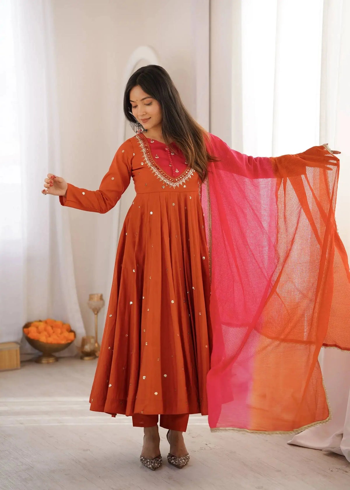 Orange Anarkali Suit Full Front with Ombre Dupatta Spread – KU247