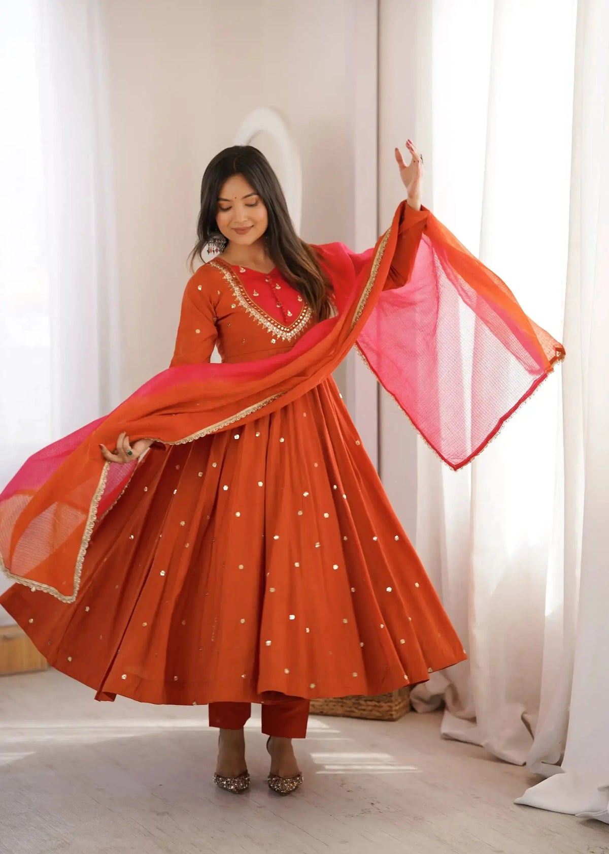 Orange Embroidered Anarkali Suit Dupatta Spread – KU247