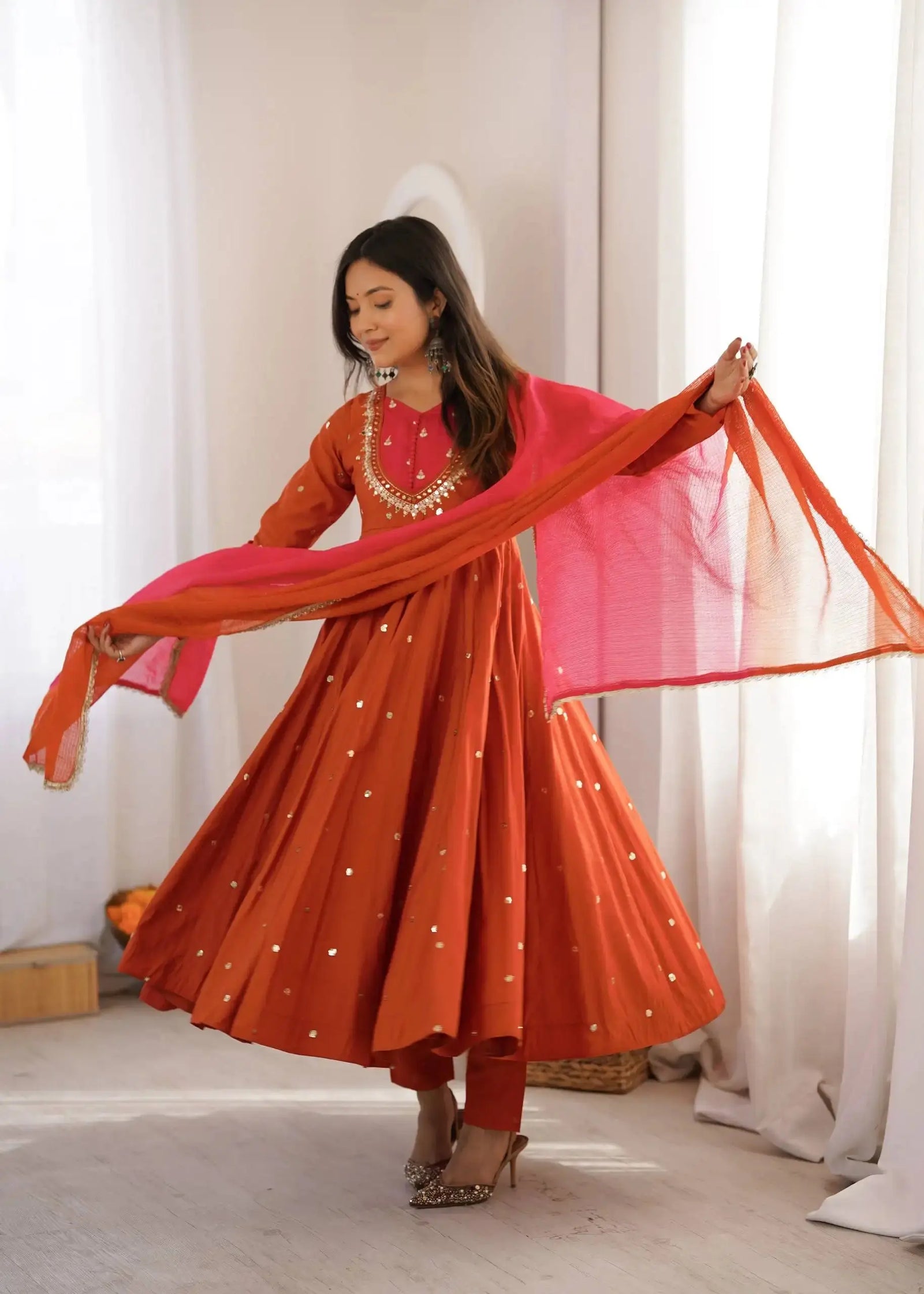 Orange Anarkali Suit with Ombre Dupatta Spread Wide – KU247