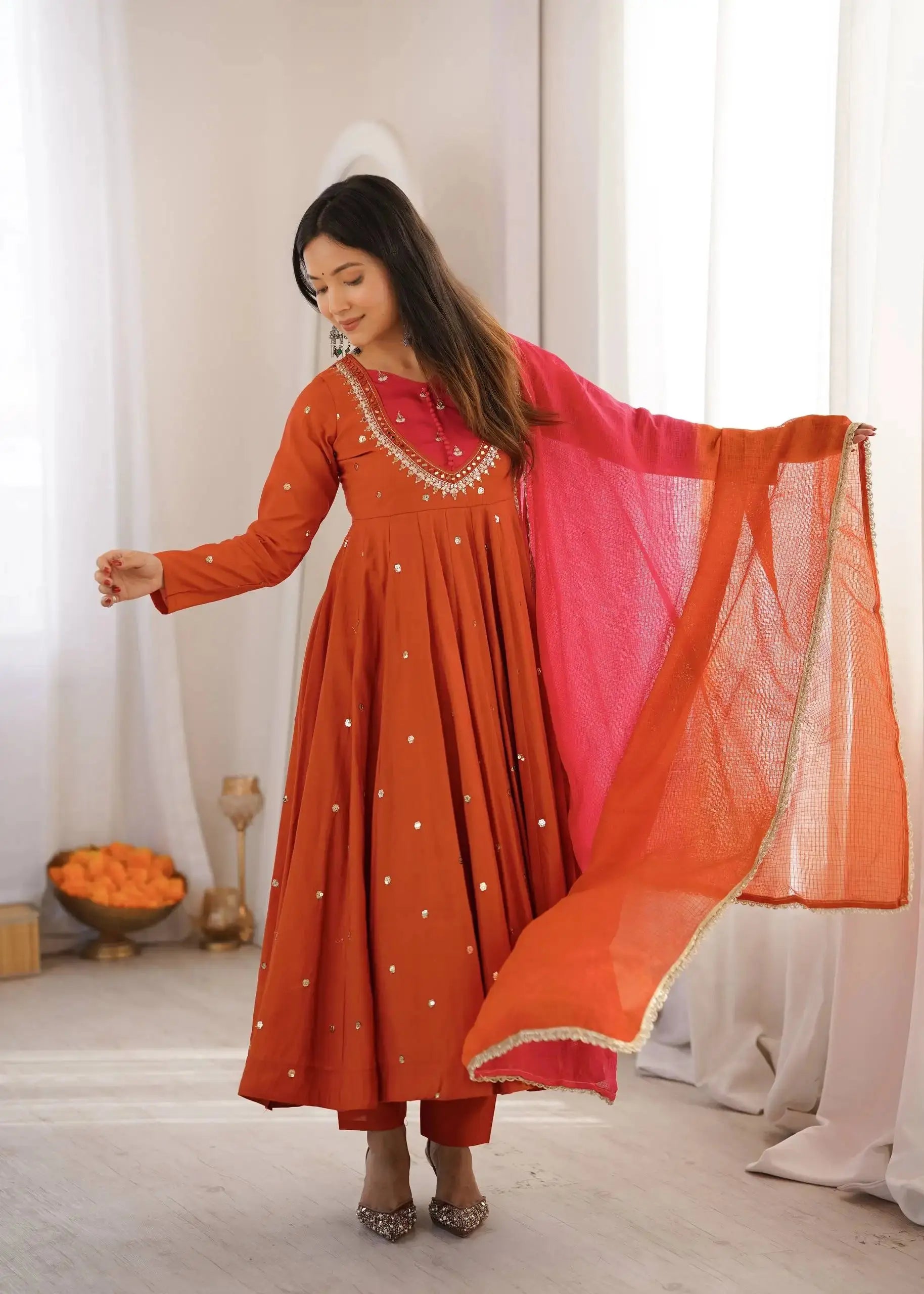 Orange Mirror Work Anarkali Suit Front View with Dupatta Draped – KU247
