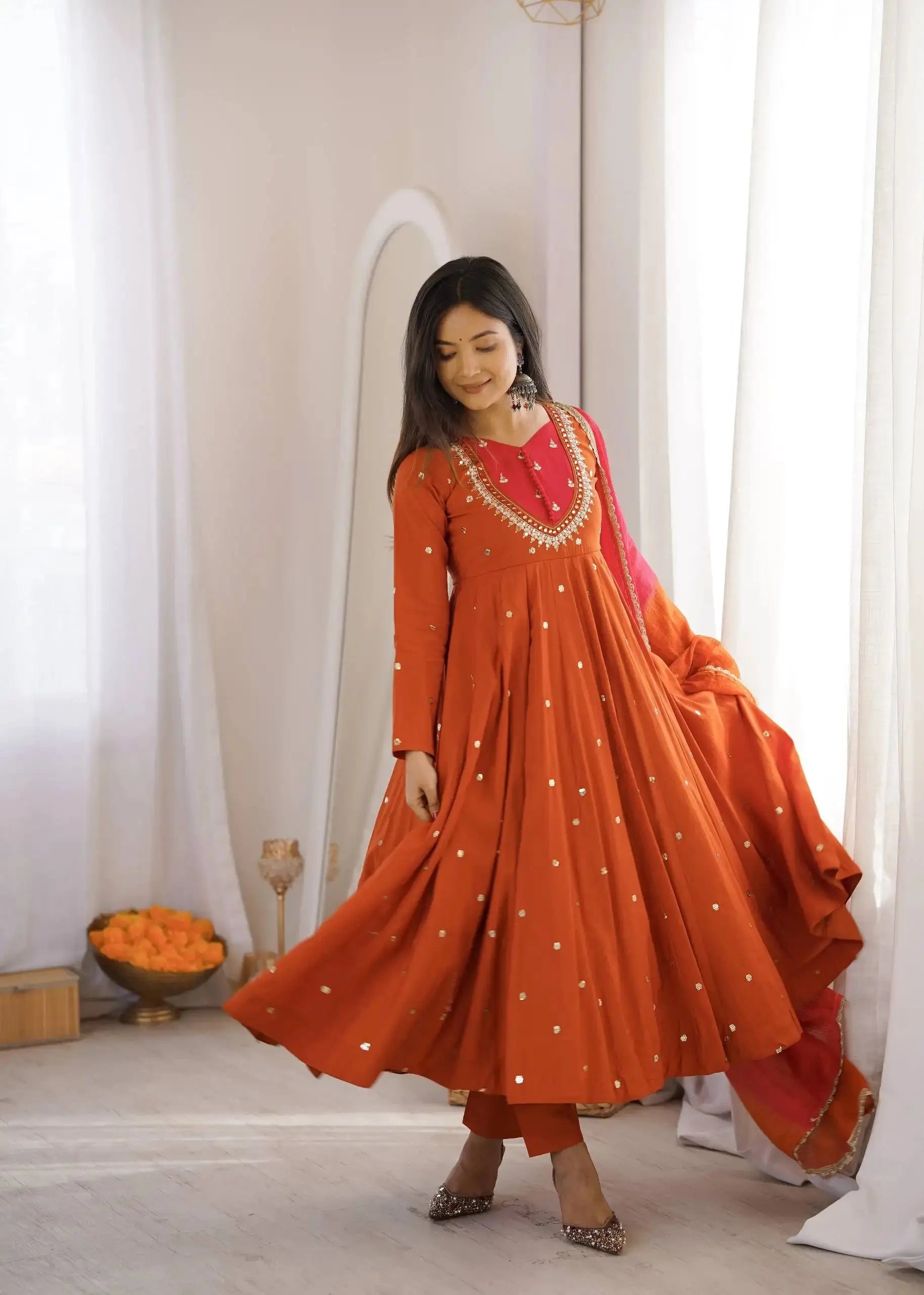 Orange Anarkali Suit Full Length Front View – KU247