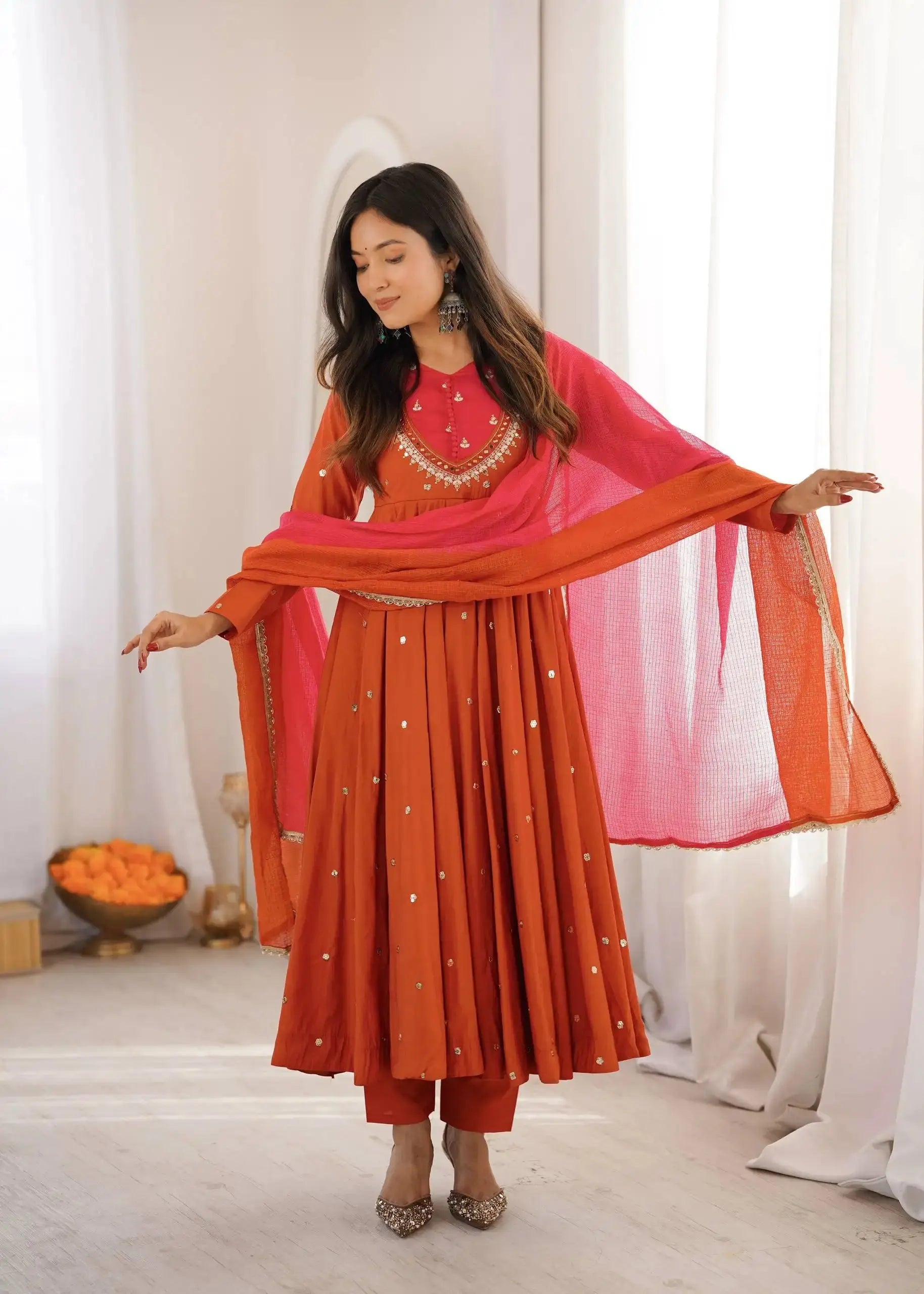 Orange Sequins Embroidered Suit with Ombre Dupatta – KU247