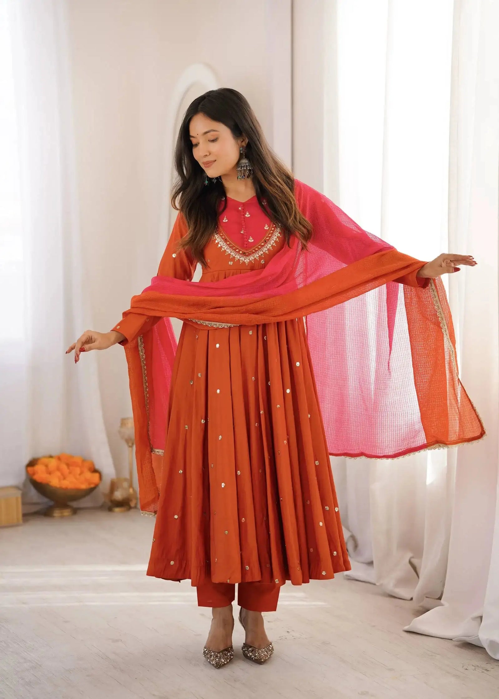 Orange Sequins Embroidered Suit with Ombre Dupatta – KU247