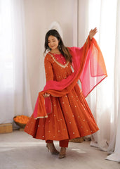 Orange Anarkali Suit with Pink Yoke and Dupatta – KU247