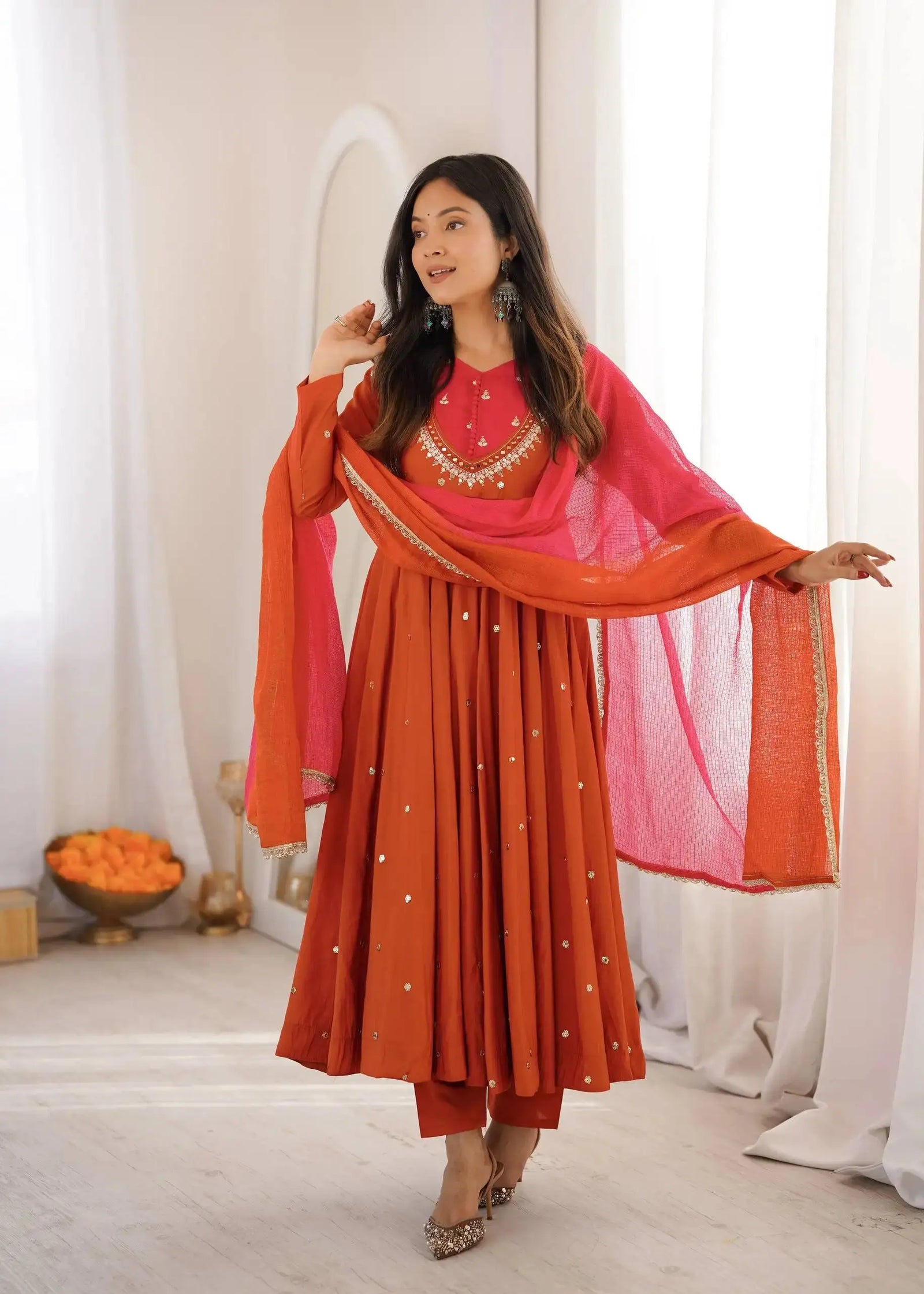 Orange Anarkali Suit Front View Looking Up – KU247