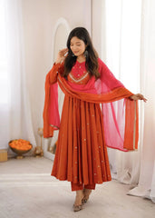 Orange Anarkali Suit Full Front Smiling – KU247