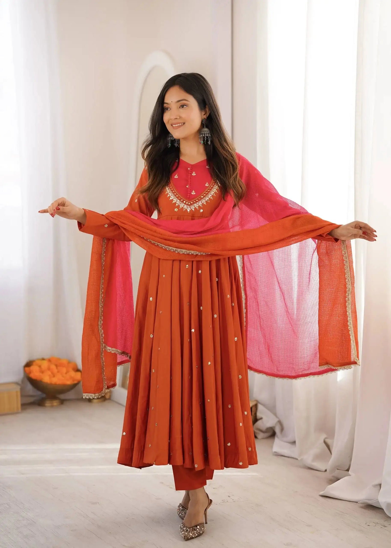 Orange Sequins Embroidered Anarkali Suit with Ombre Dupatta Full Look – KU247