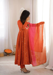 Orange Anarkali Suit Side View Showing Suit and Dupatta – KU247
