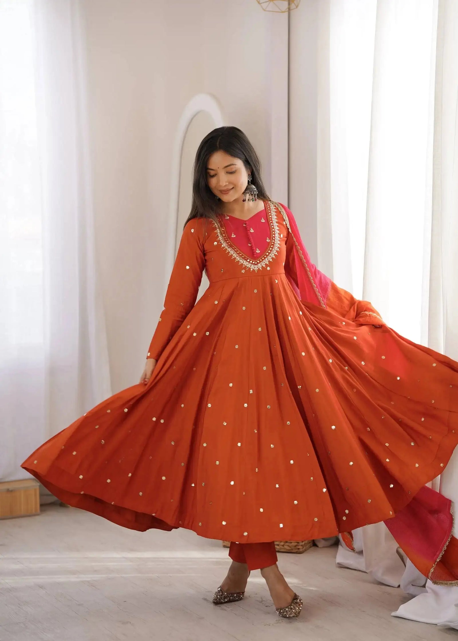 Orange Anarkali Suit Full Length View with Dupatta Fanning – KU247