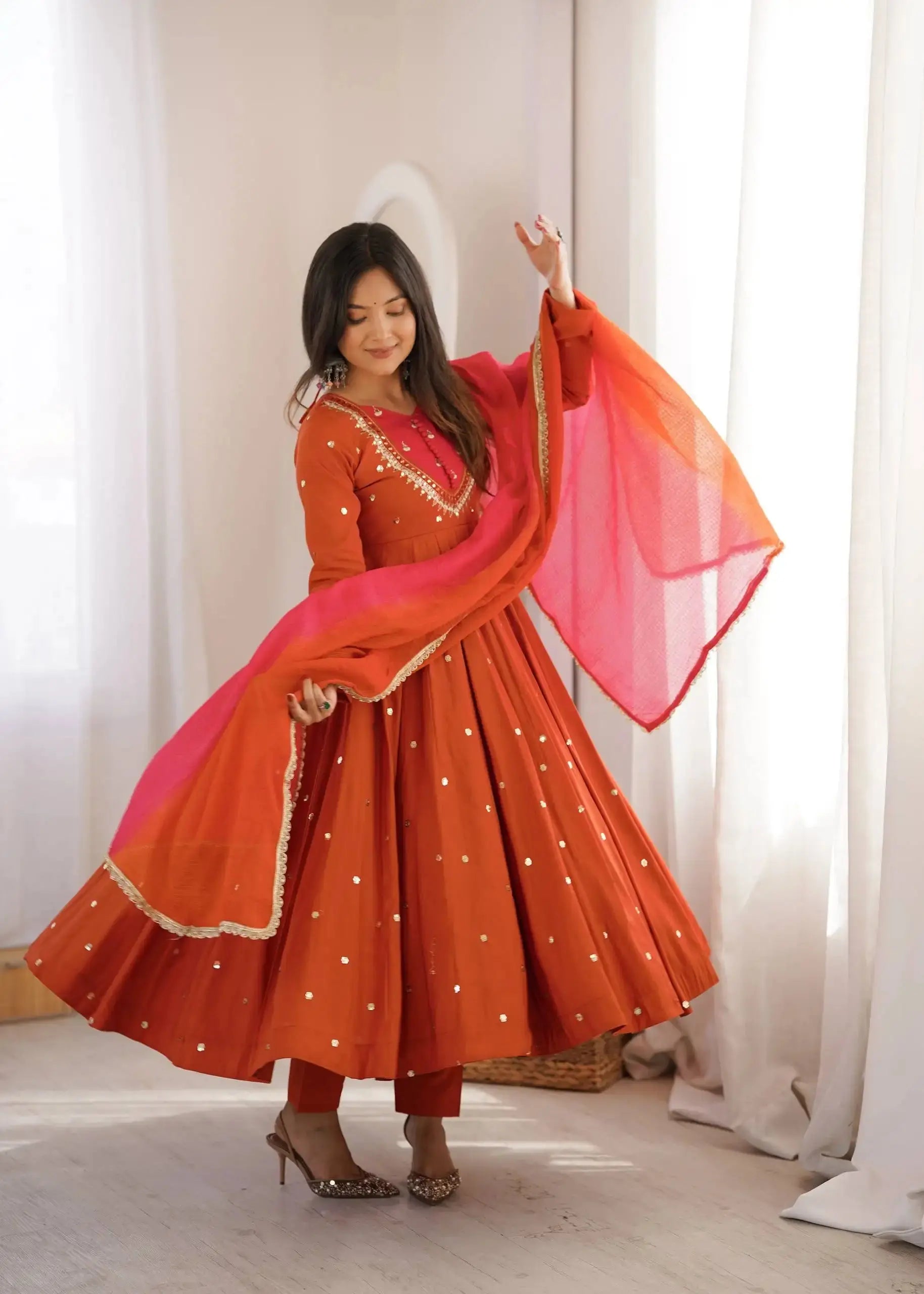 Orange Anarkali Flare with Ombre Dupatta – KU247