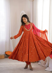 Orange Anarkali Suit Twirl Showing Full Skirt Flare – KU247