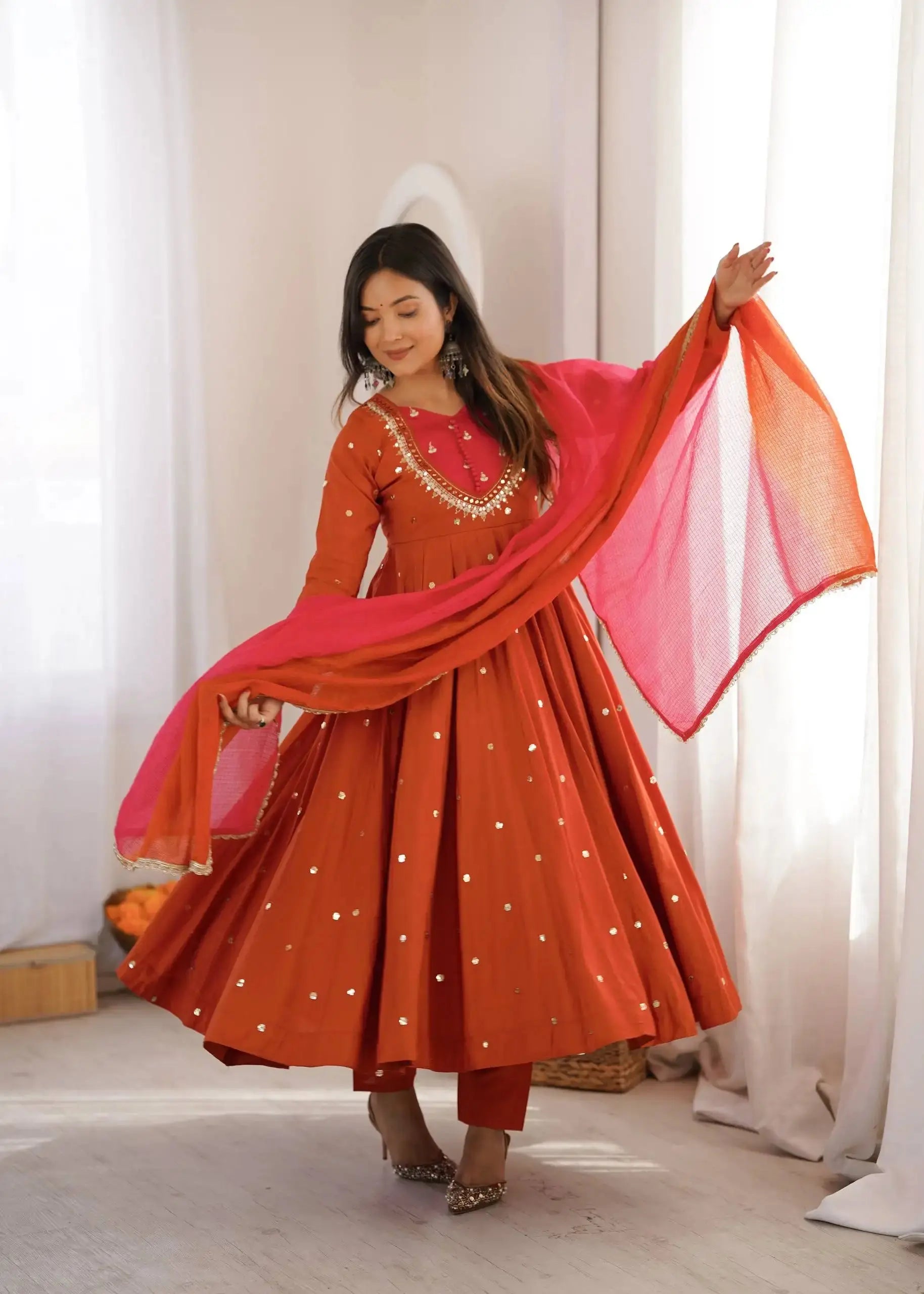 Orange Anarkali Suit Twirl with Pink Yoke and Ombre Dupatta – KU247