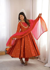 Orange Anarkali Suit Twirl with Pink Yoke and Ombre Dupatta – KU247
