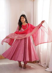 Pink Anarkali Suit – second back view with ombre dupatta
