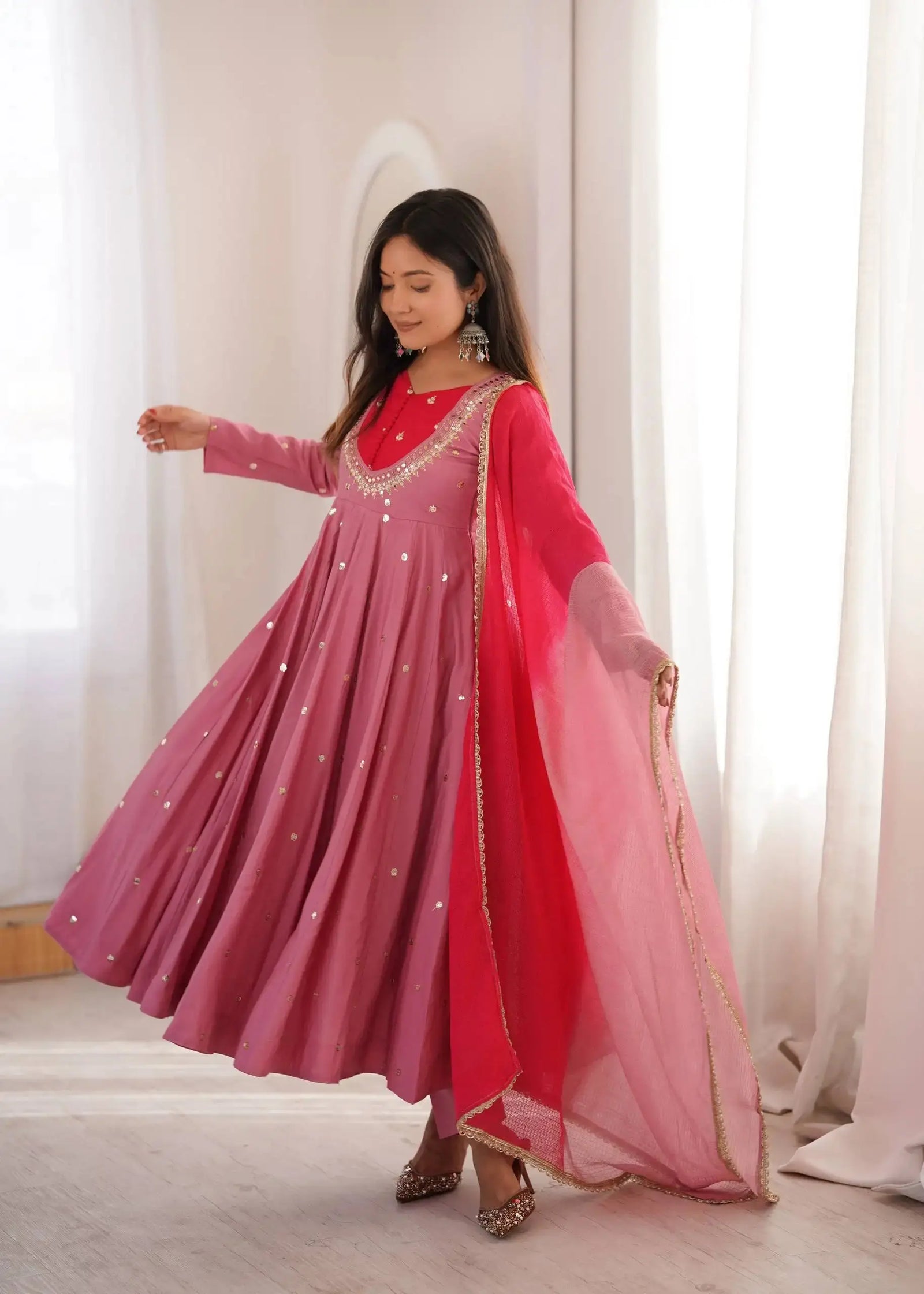 Pink Sequins Embroidered Anarkali Suit – back view showing open tie-up back