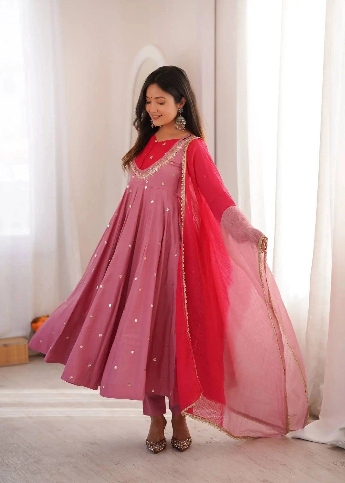 Pink Suit – scattered sequin mirror booti detail on Anarkali flair