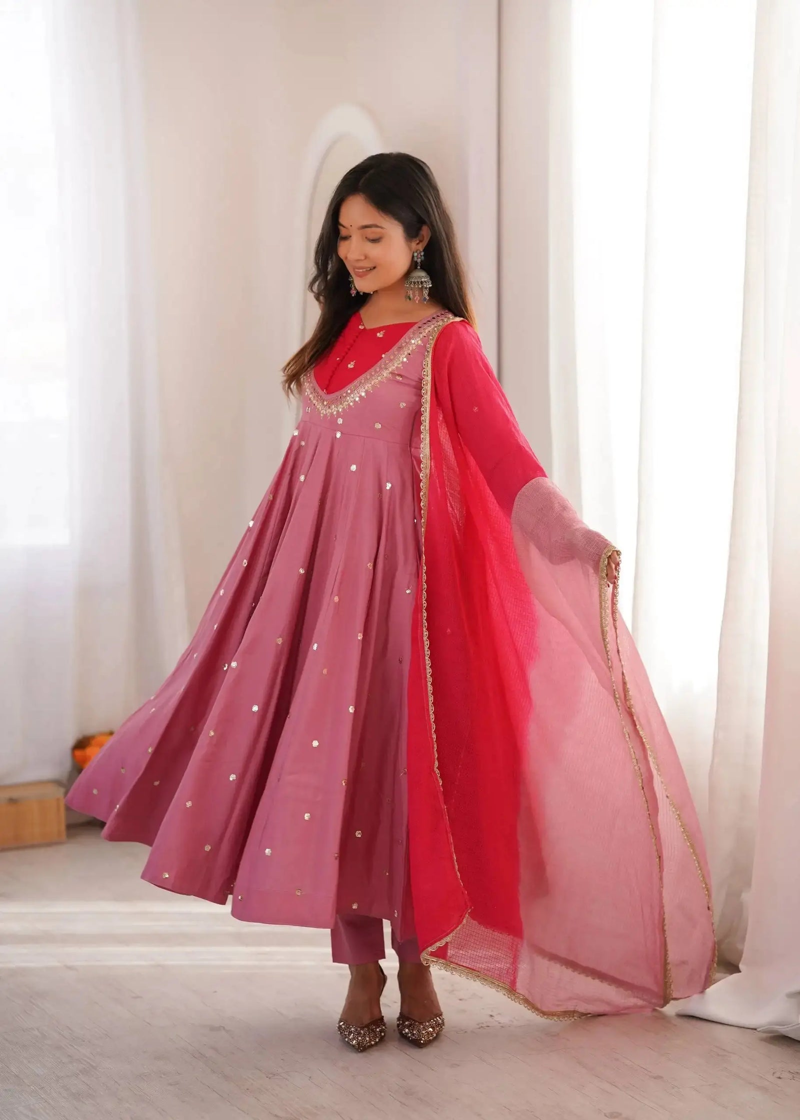 Pink Suit – scattered sequin mirror booti detail on Anarkali flair