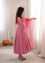 Pink Anarkali Suit – ombre dupatta gold lace border close-up