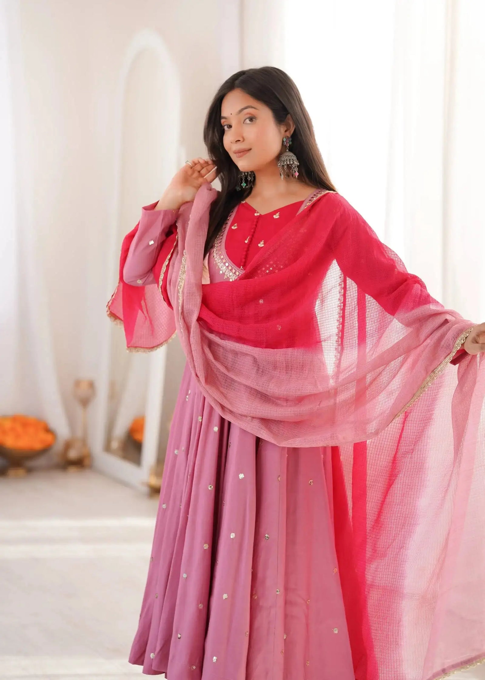 Pink Sequins Embroidered Anarkali Suit flat lay – suit, straight pant and ombre dupatta