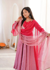 Pink Sequins Embroidered Anarkali Suit flat lay – suit, straight pant and ombre dupatta