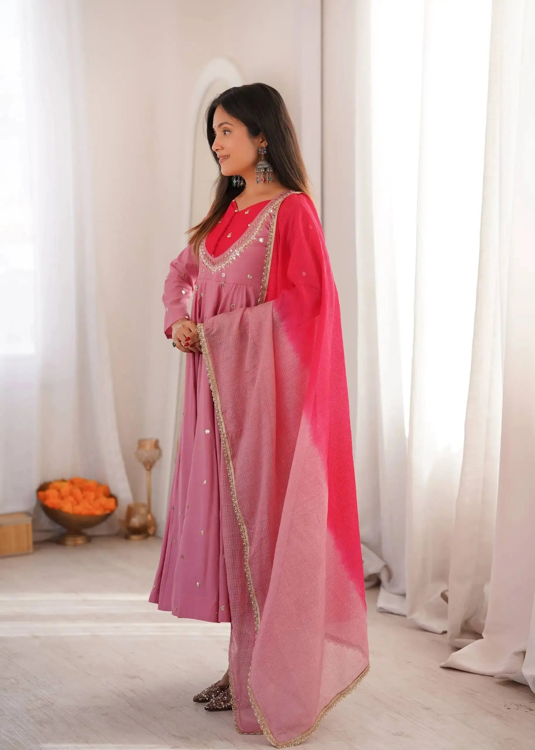 Pink Anarkali Suit – second front view showing 48-inch flair and straight pant