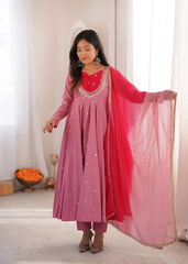 Pink Sequins Embroidered Anarkali Suit – front view, contrast yoke and V-neckline mirror work