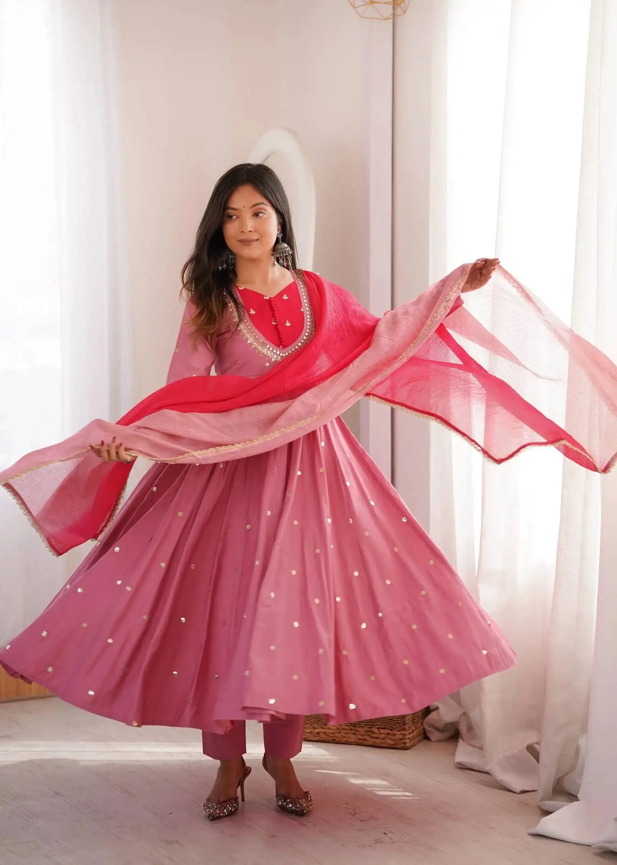 Pink Suit – full-length view emphasising ombre dupatta and mirror booti flair