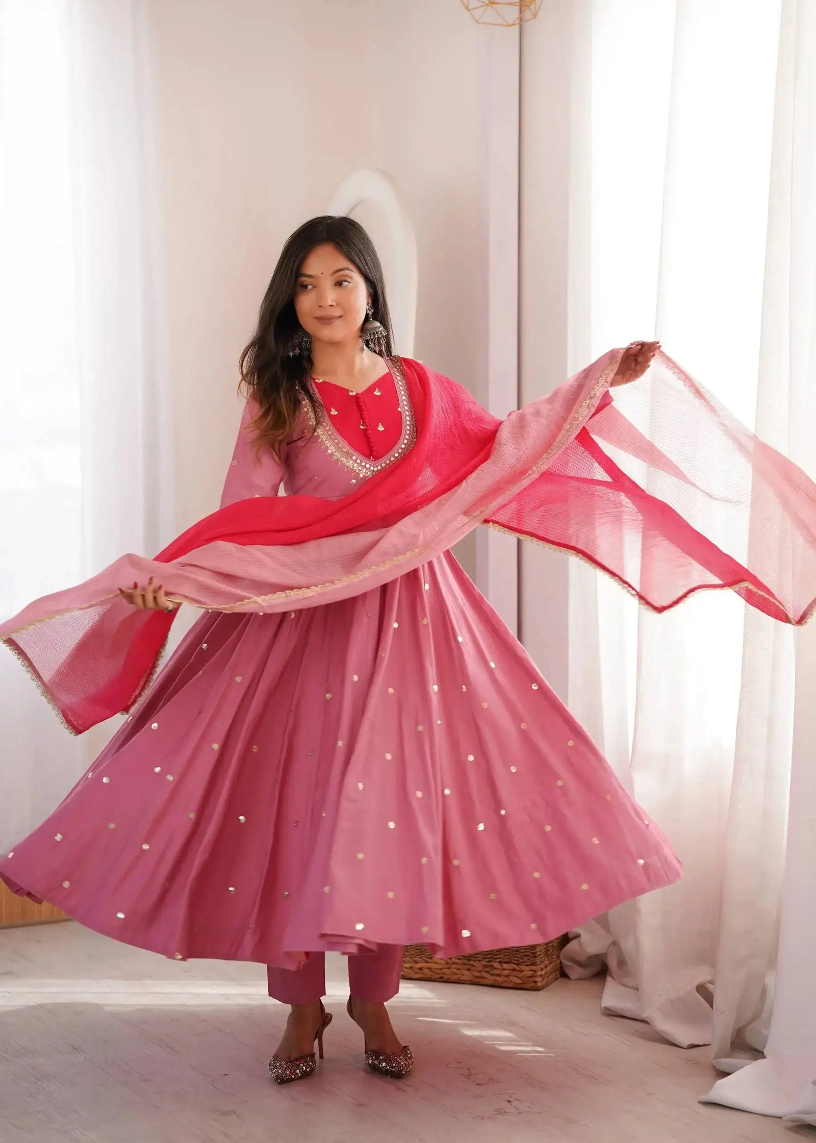 Pink Suit – full-length view emphasising ombre dupatta and mirror booti flair
