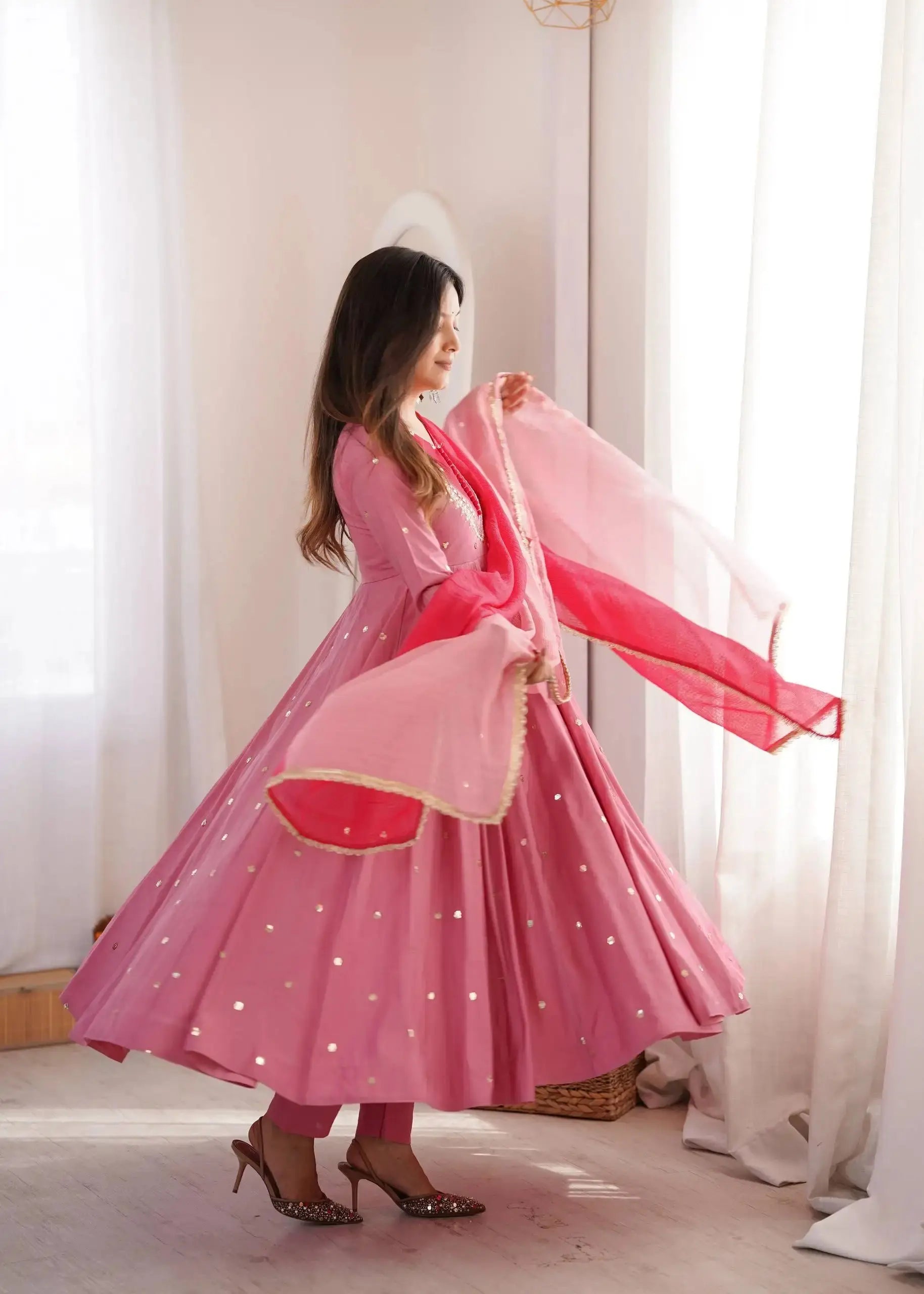 Pink Anarkali Suit – second full-length pose showing two-tone design and ombre dupatta