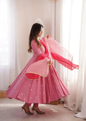 Pink Anarkali Suit – second full-length pose showing two-tone design and ombre dupatta