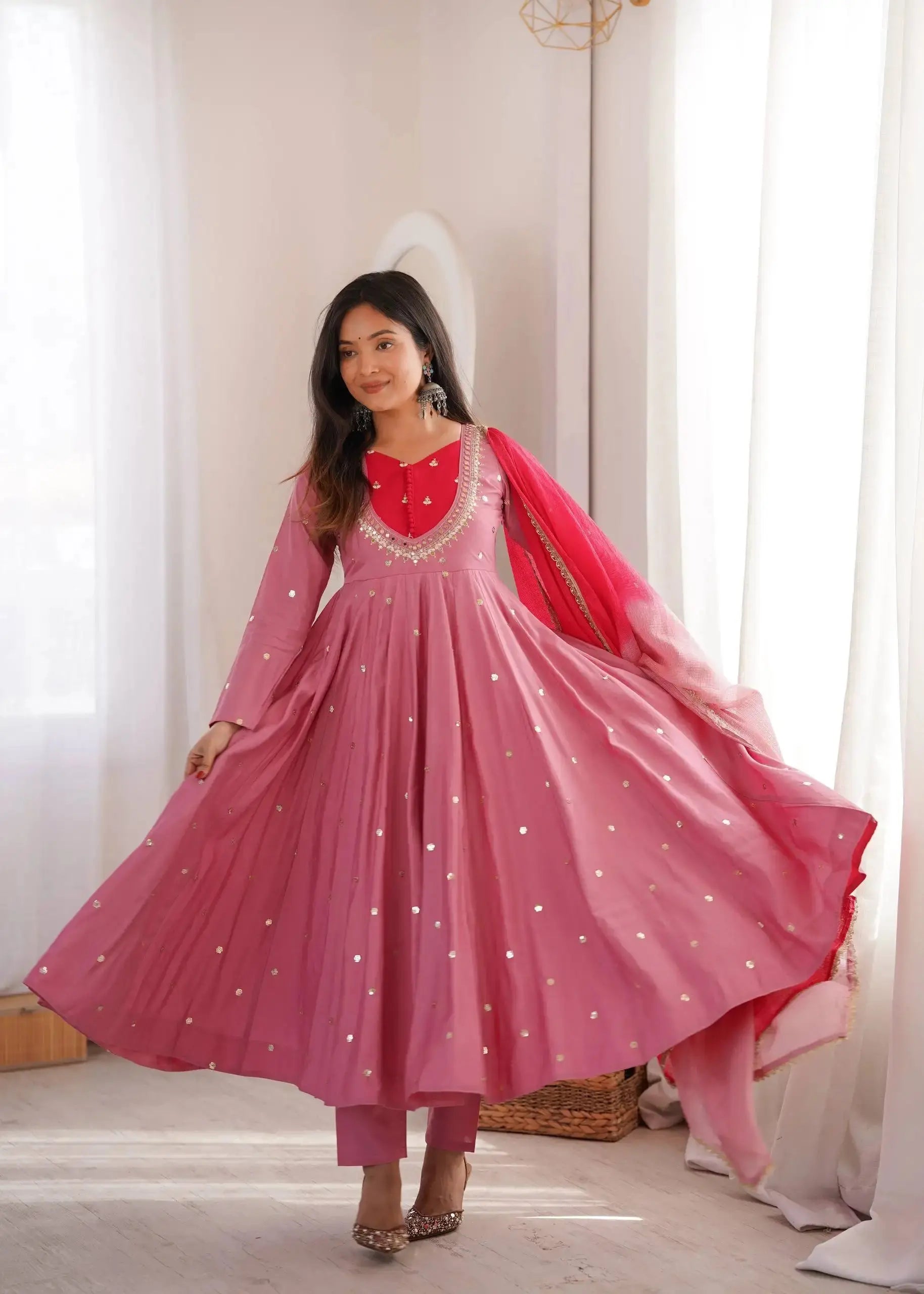 Pink Anarkali Suit – third full-length view highlighting flair movement