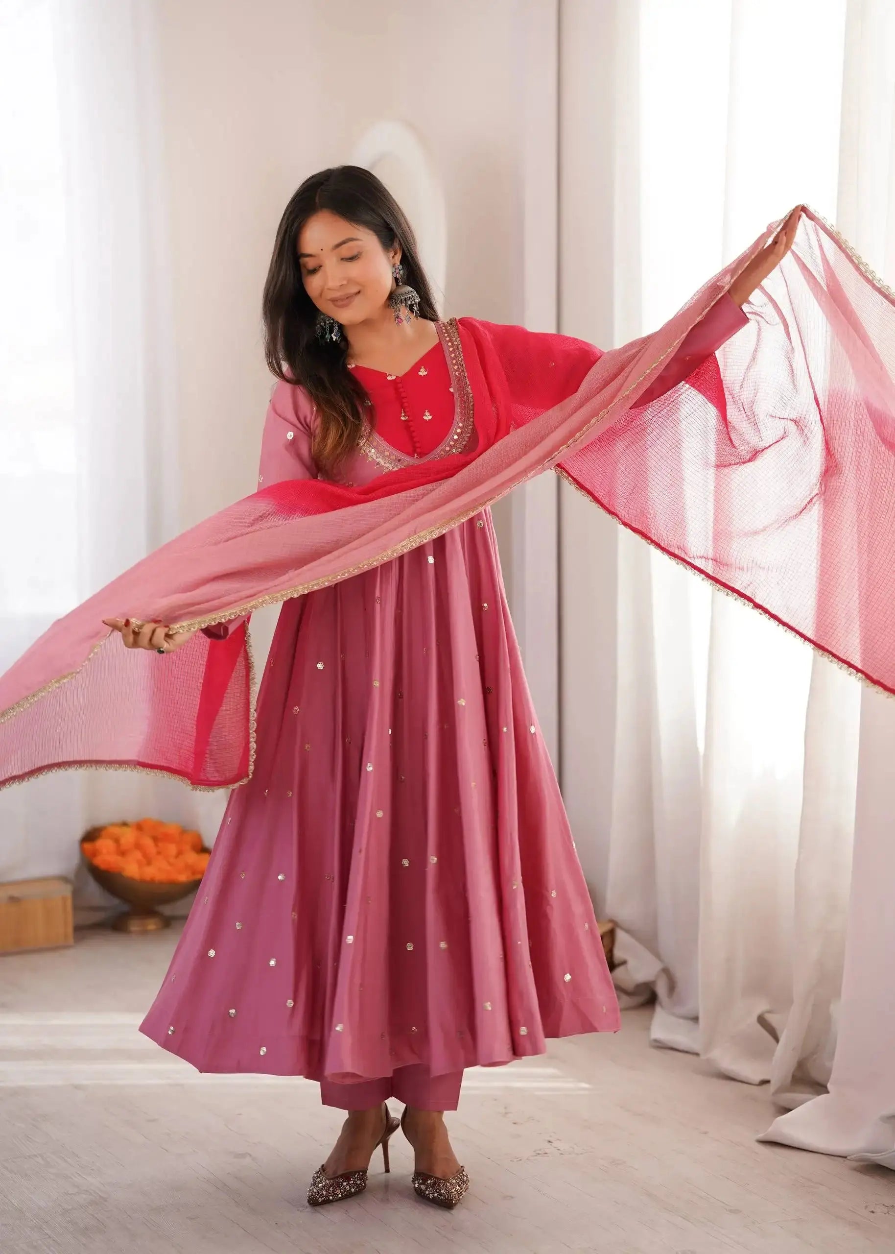Pink Suit – full-length angled pose showing contrast yoke and Anarkali volume