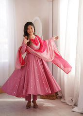 Pink Embroidered Anarkali Suit – full-length pose with dupatta draped over shoulder