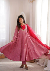 Pink Anarkali Suit – full-length pose with complete 3-piece set on display