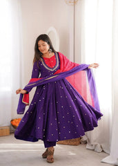 Purple Suit – scattered sequin mirror booti detail on Anarkali flair