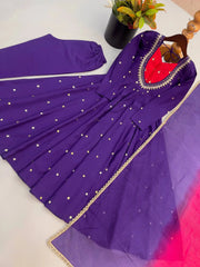 Purple Sequins Embroidered Anarkali Suit flat lay – suit, straight pant and ombre dupatta