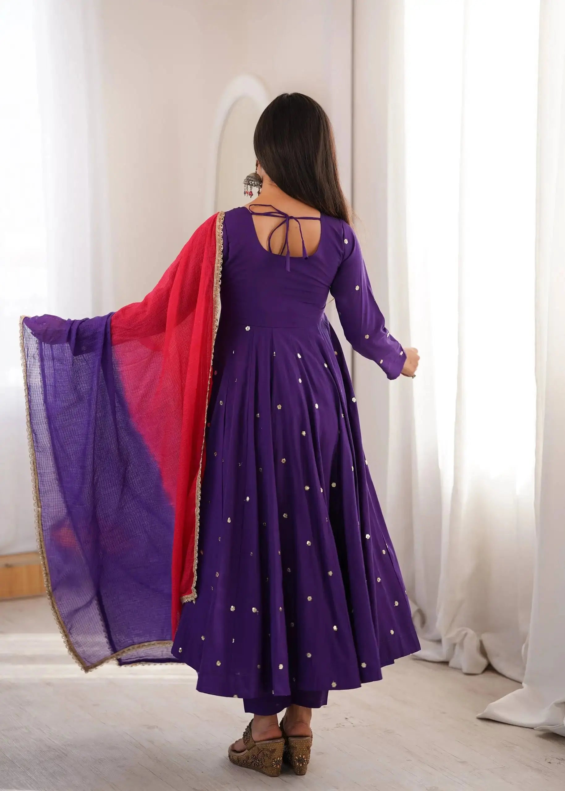 Purple Anarkali Suit – second front view showing 48-inch flair and straight pant