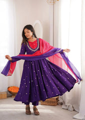 Purple Sequins Embroidered Anarkali Suit – front view, contrast yoke and V-neckline mirror work