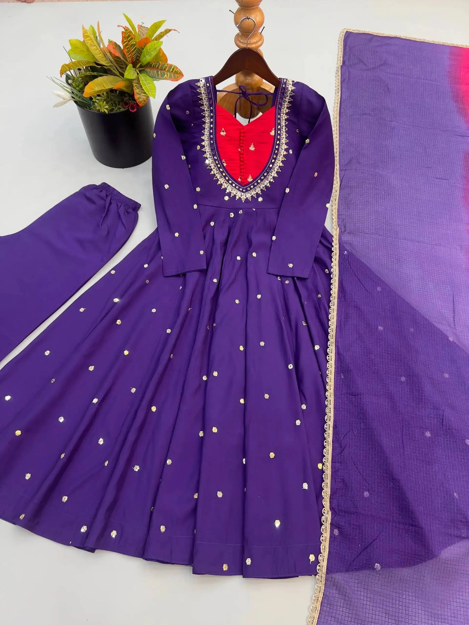 Purple Suit – full-length third pose highlighting flair movement and contrast yoke
