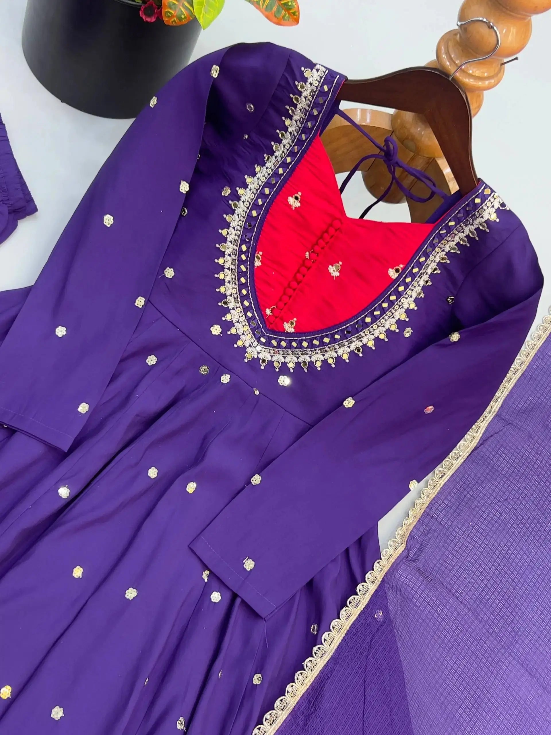 Purple Embroidered Anarkali Suit – full-length angled view with dupatta and straight pant