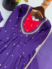 Purple Embroidered Anarkali Suit – full-length angled view with dupatta and straight pant