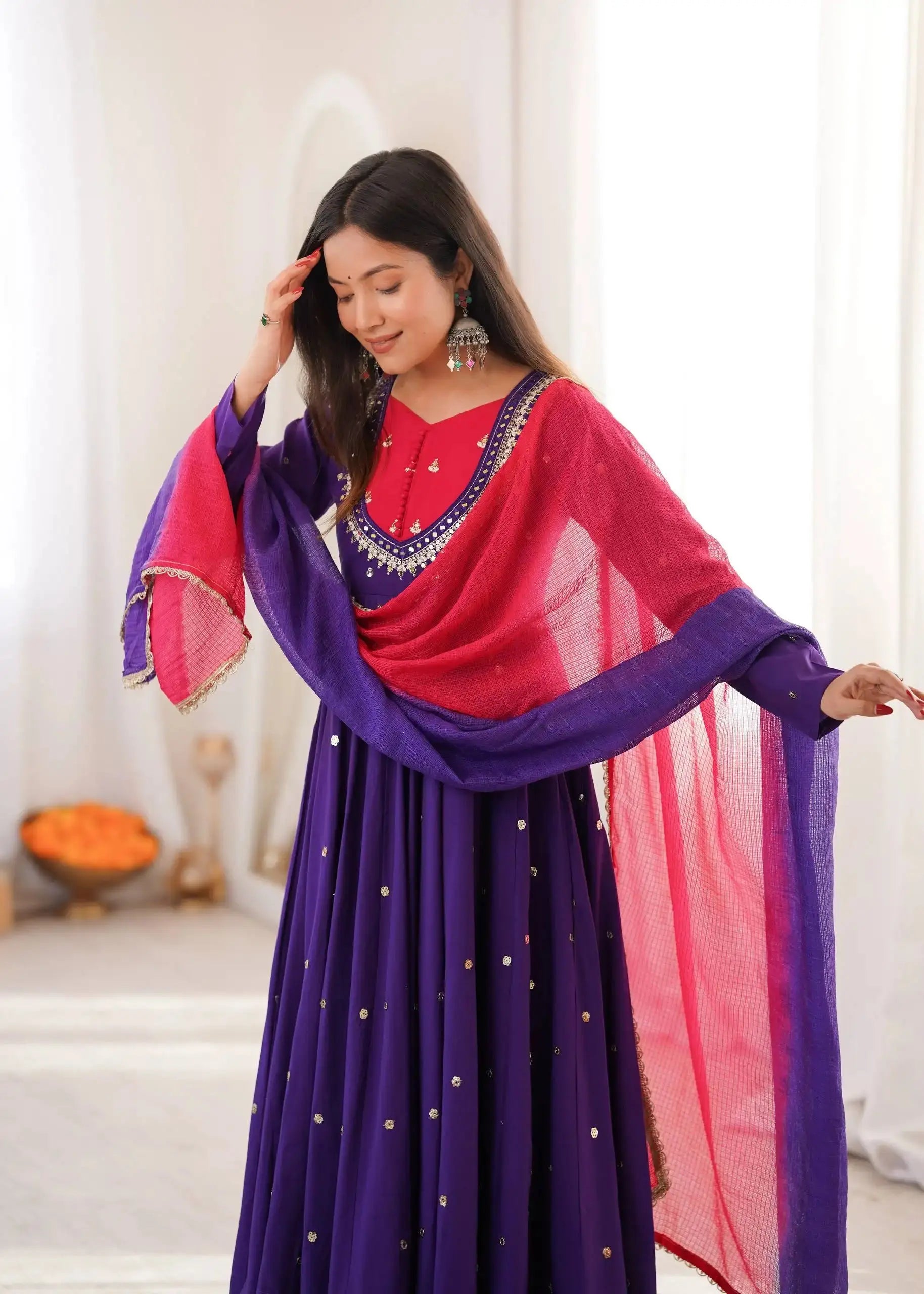 Purple Sequins Embroidered Anarkali Suit – full-length model shot with pant and dupatta