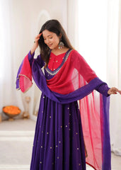 Purple Sequins Embroidered Anarkali Suit – full-length model shot with pant and dupatta