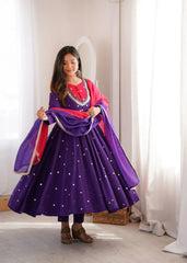 Purple Embroidered Suit – side view showing Anarkali silhouette and dupatta drape