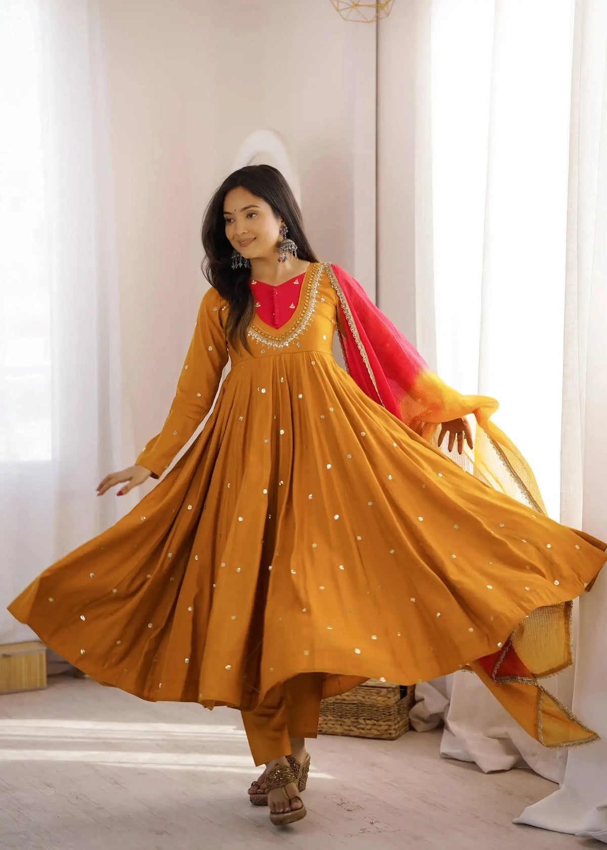 Yellow Sequins Embroidered Anarkali Suit – back view showing open tie-up back