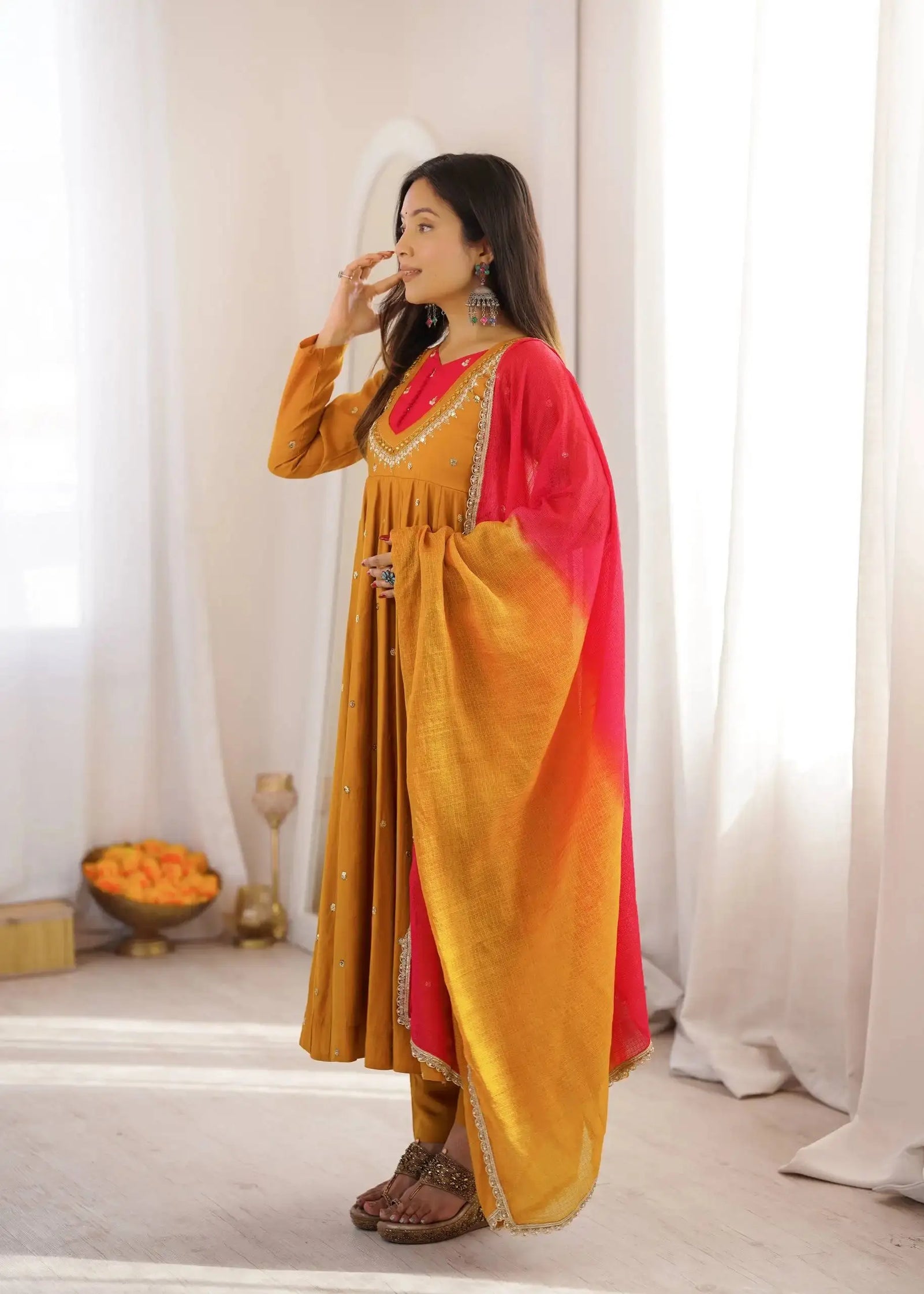 Yellow Suit – scattered sequin mirror booti detail on Anarkali flair