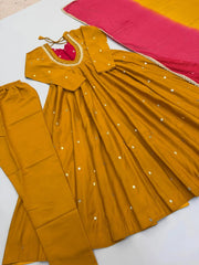Yellow Sequins Embroidered Anarkali Suit flat lay – suit, straight pant and ombre dupatta